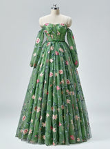 Green Tulle Long Sleeve Embroidery Prom Dress