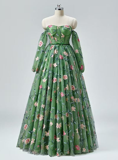 Green Tulle Long Sleeve Embroidery Prom Dress