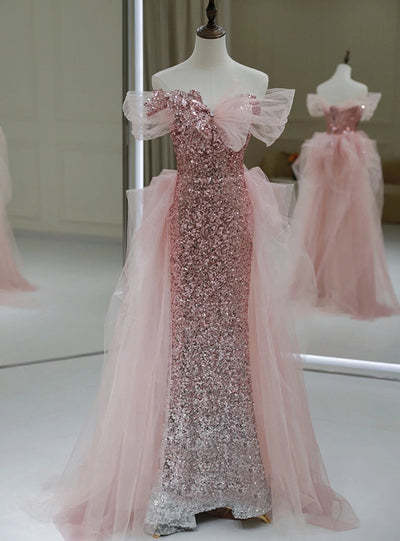 Pink Sequins Tulle Off the Shoulder Prom Dress