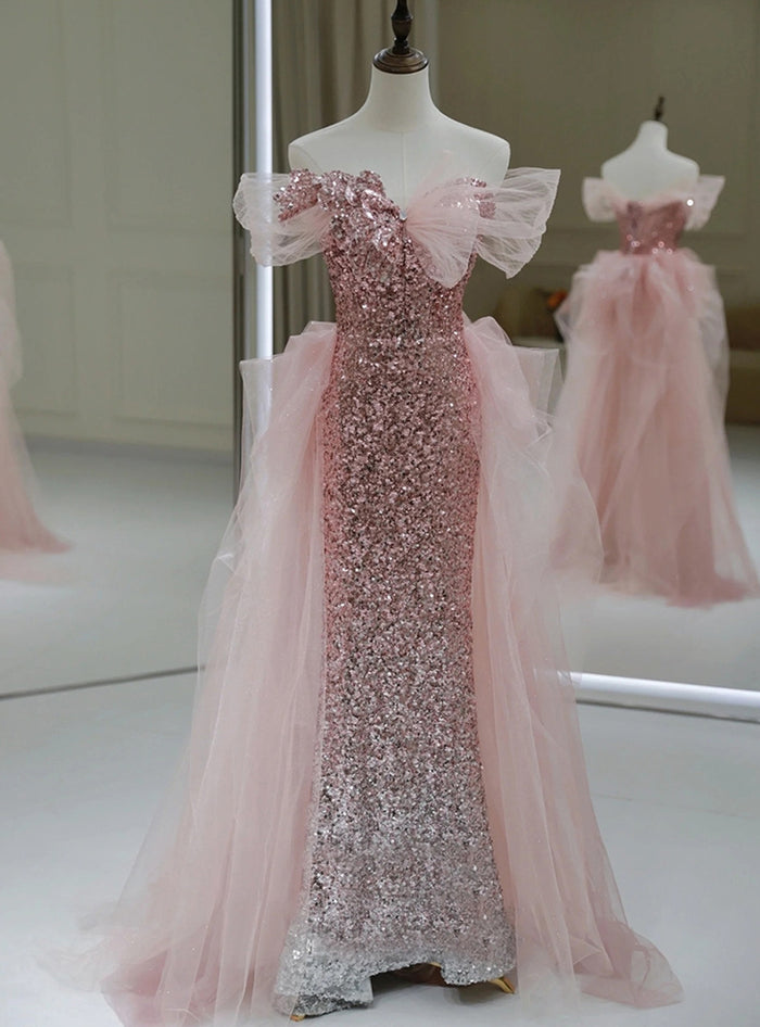 Pink Sequins Tulle Off the Shoulder Prom Dress