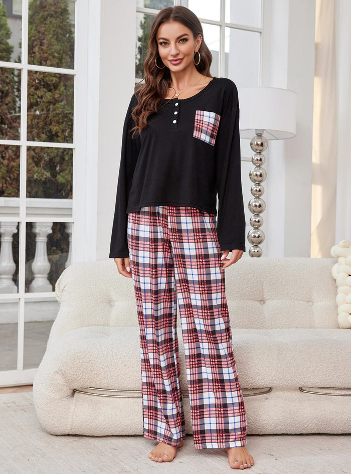 Casual Plaid Trousers Long-sleeved Pajamas