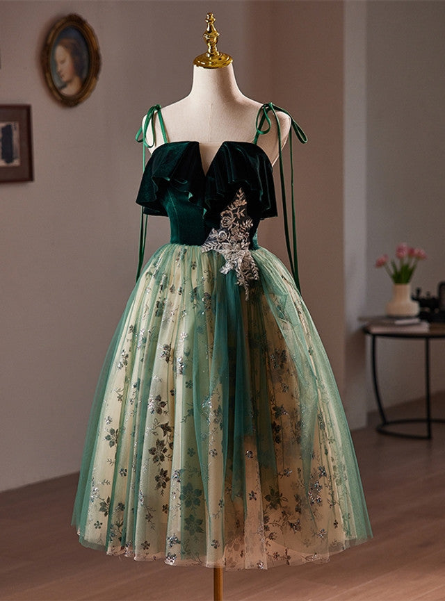 Green Tulle Sequins Straps Homecoming Dress