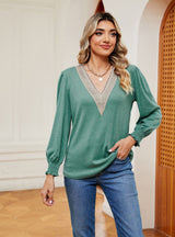 V-neck Lace Stitching Loose Long Sleeve T-shirt