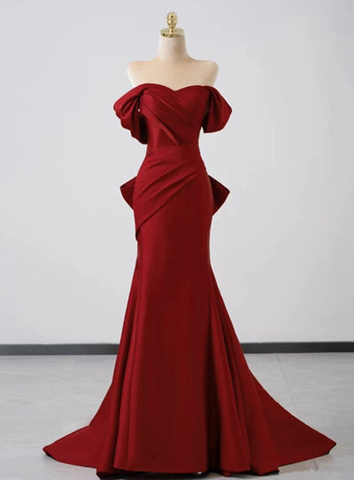 Burgundy Mermaid Pleats Bow Prom Dress