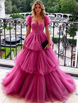 Fuchsia Tulle Puff Sleeve Prom Dress