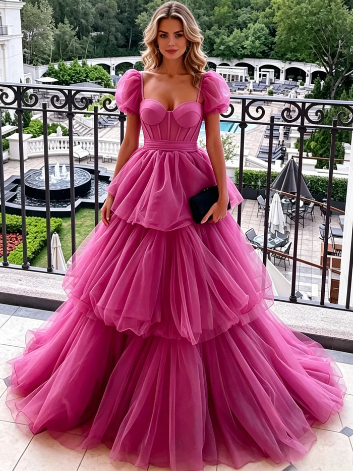 Fuchsia Tulle Puff Sleeve Prom Dress