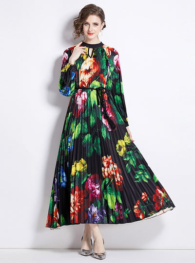 Printed Lantern Sleeve Pleated Belt Dress