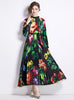 Printed Lantern Sleeve Pleated Belt Dress