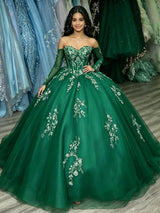Green Tulle Off the Shoulder Appliques Quinceanera Dress