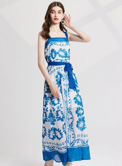 Contrasting Print Suspender Dress