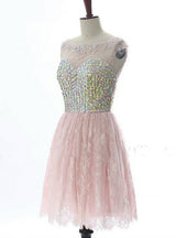 Pink Lace Backless Crystal Homecoming Dress