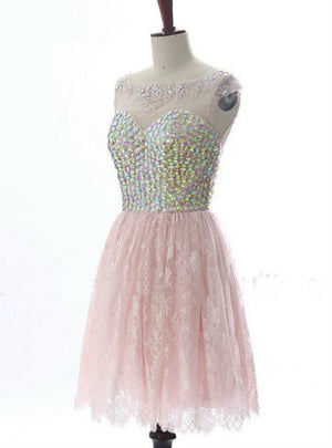 Pink Lace Backless Crystal Homecoming Dress
