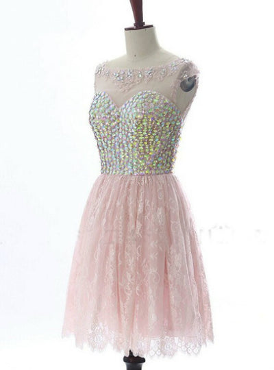 Pink Lace Backless Crystal Homecoming Dress