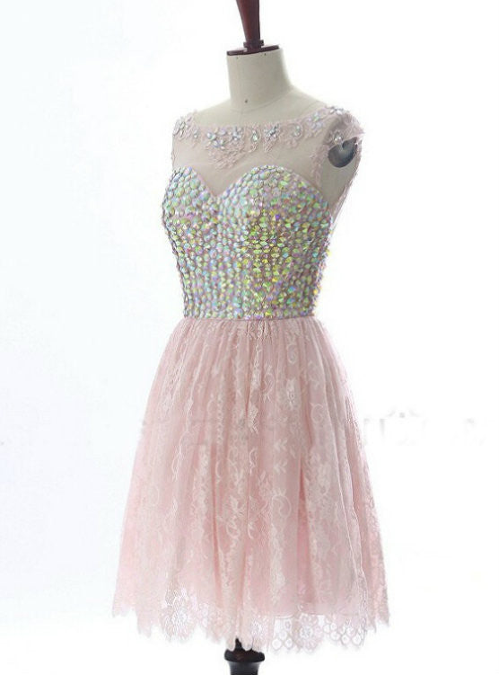 Pink Lace Backless Crystal Homecoming Dress