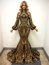 Gold Mermaid Sequins Long Sleeve Prom Dress