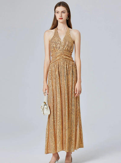 Gold Sequins V-neck Party Dress