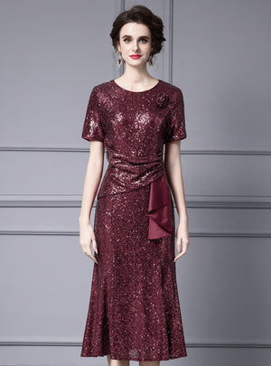 Burgundy Sequins Pleats Mother Of The Bride Dress