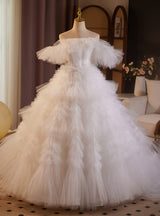 White Ball Gown Tulle Tiers Wedding Dress