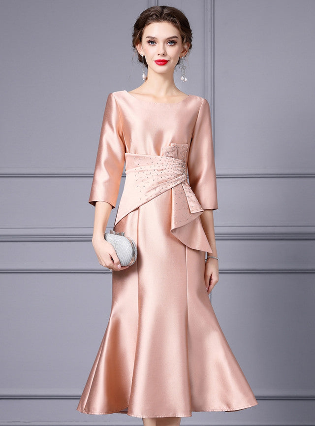 Champagne Satin Short Sleeve Mother Of The Bride Dress