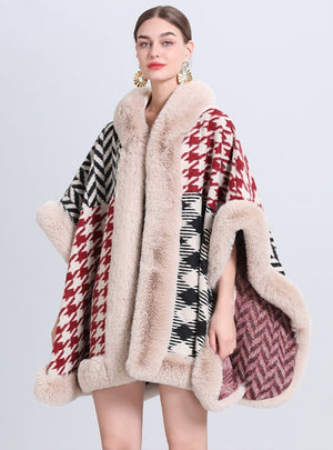 Hooded Jacquard Wool-like Collar Fringed Cloak Shawl