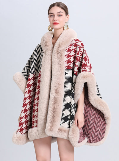Hooded Jacquard Wool-like Collar Fringed Cloak Shawl