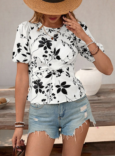 Retro Floral Printed Bubble Sleeve Top