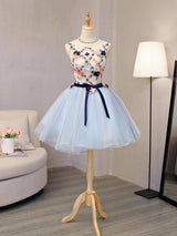 Blue Tulle Flower Beading Homecoming Dress