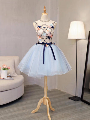 Blue Tulle Flower Beading Homecoming Dress