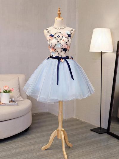 Blue Tulle Flower Beading Homecoming Dress