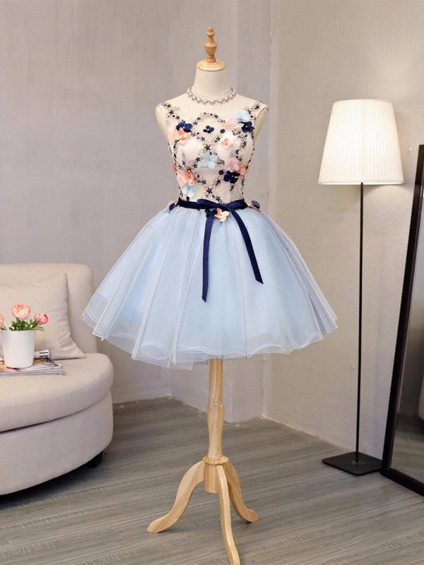 Blue Tulle Flower Beading Homecoming Dress