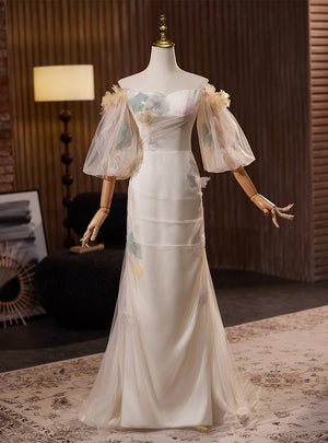 Light Champagne Puff Sleeve Flower Wedding Dress