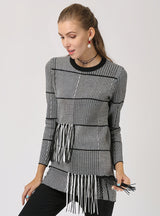 Pullover Striped Round Neck Fringed Sweater