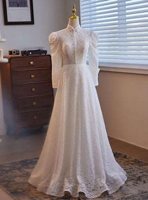 White Lace Long Sleeve High Neck Wedding Dress