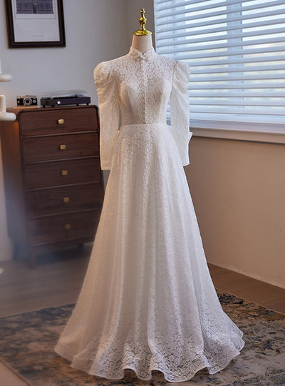 White Lace Long Sleeve High Neck Wedding Dress