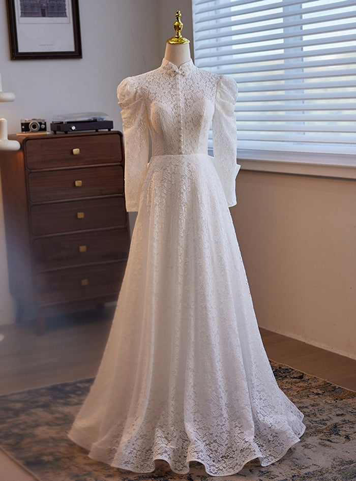 White Lace Long Sleeve High Neck Wedding Dress