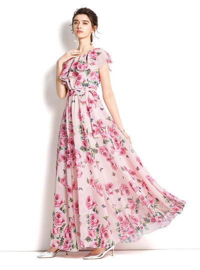One-shoulder Ruffled Printed Dress