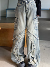 Retro Stitching Raw Edge Jeans Pants