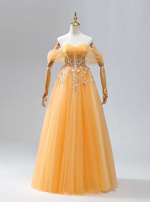 Orange Yellow Tulle Appliques Prom Dress
