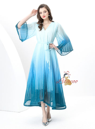 V-neck Flared Sleeve Gradient Dress