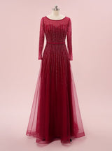 Burgundy Tulle Long Sleeve Beading Sequins Prom Dress