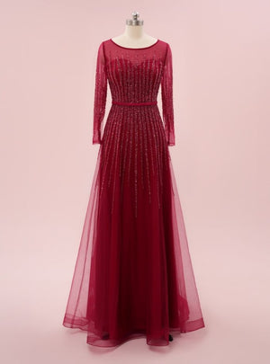 Burgundy Tulle Long Sleeve Beading Sequins Prom Dress