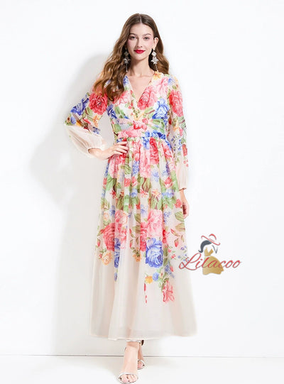 Printed V-neck Chiffon Long Sleeve Dress