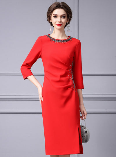 Red 3/4 Sleeve Scoop Neck Beading Mother Of The Bride Dress