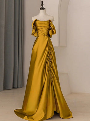 Yellow Satin Off the Shoulder Pleats Prom Dress