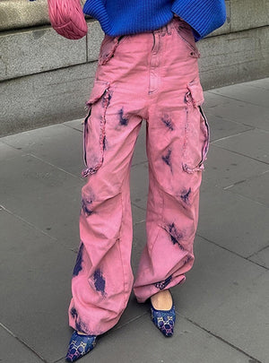 Graffiti Print Washed Wide Leg Raw Jeans