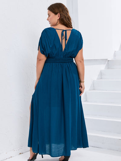 Solid Color V-neck Elastic Slit Plus Size Dress