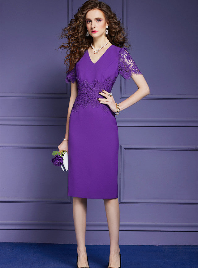 Purple V-neck Lace Mother Of The Bride Dress