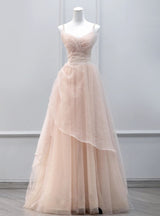 Pink Tulle Pleats Straps Beading Prom Dress