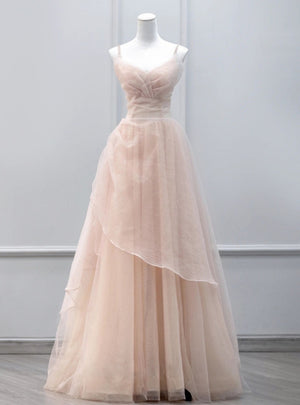Pink Tulle Pleats Straps Beading Prom Dress