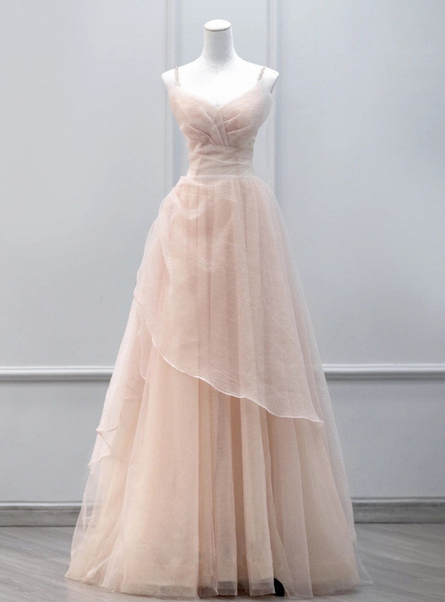 Pink Tulle Pleats Straps Beading Prom Dress